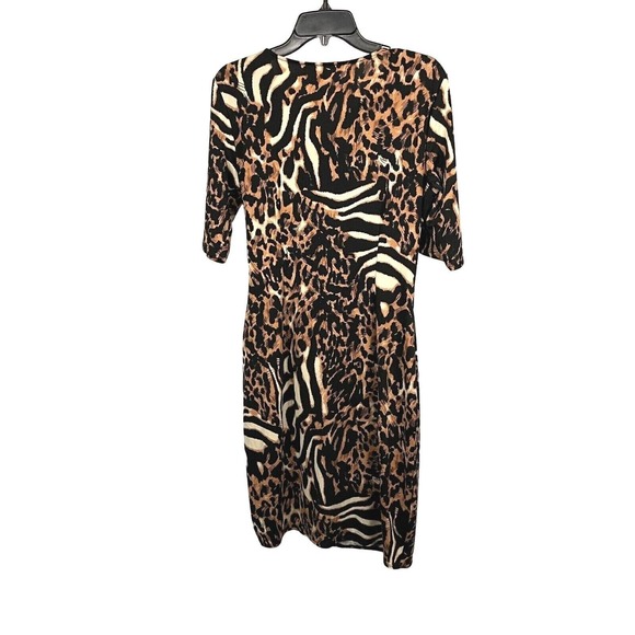 aDRESSing WOMAN Size L Stretch Knit Dress 3/4 Sleeve Ruched Knee Length Leopard - Picture 3 of 6